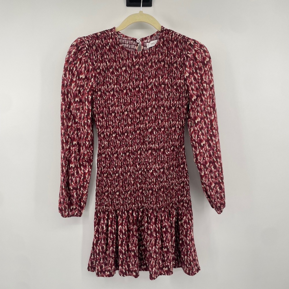 MNG Mango Smocked Mini Dress Womens XXS Burgundy Abstract Long Sleeve Ruffle